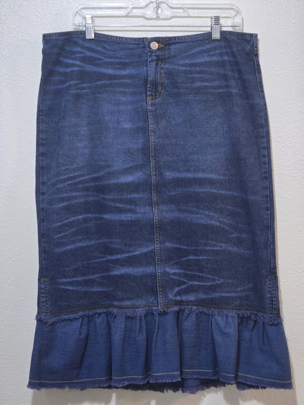 Y2K Denim Ruffle Hem Midi Skirt Whiskered Dark Wash 13